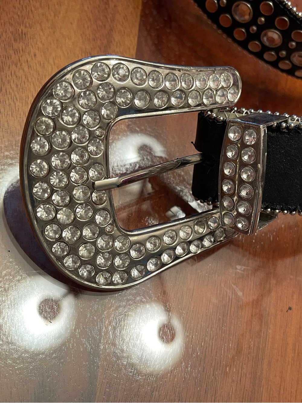 Crystal Embellished Silver Buckle Black Women's Belt